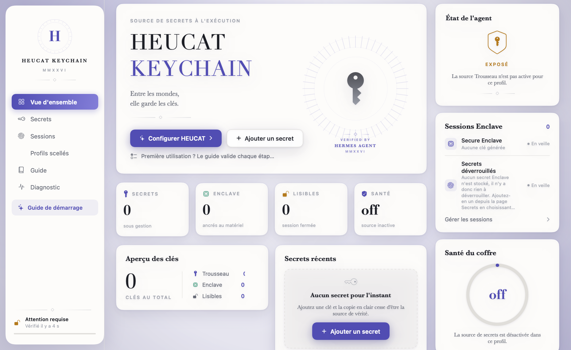 HEUCAT overview: stat tiles for secrets, enclave, readable and vault health, a key crest, agent state, enclave sessions and a vault health ring.
