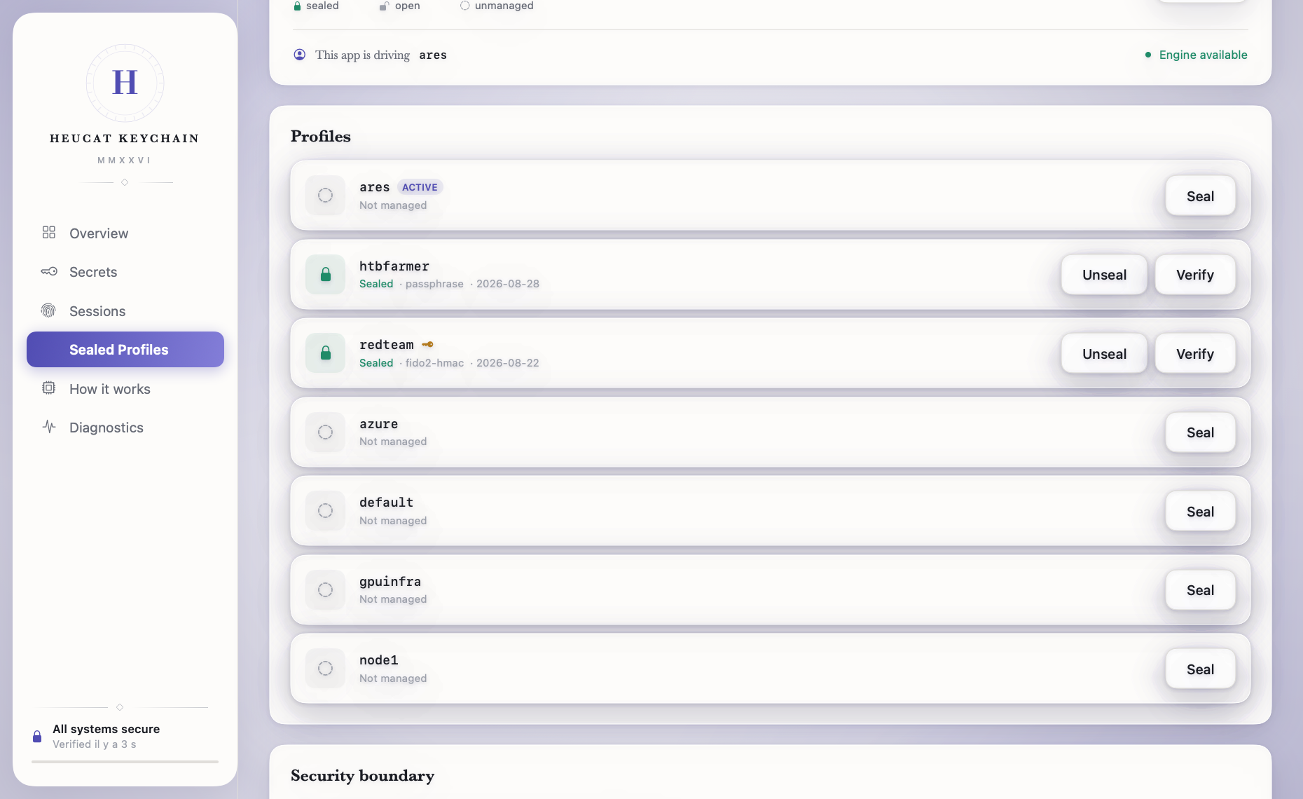 The Sealed Profiles page: counters for sealed, open and unmanaged profiles, the profile the app is driving, and one row per profile with the actions its state allows.